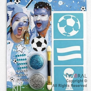 KIT MAQUILLAJE ARTISTICO ARGENTINA MUNDIAL GLITTER CELESTE Y PLATA(4 GR)+PINCEL+STRASS+STENCIL